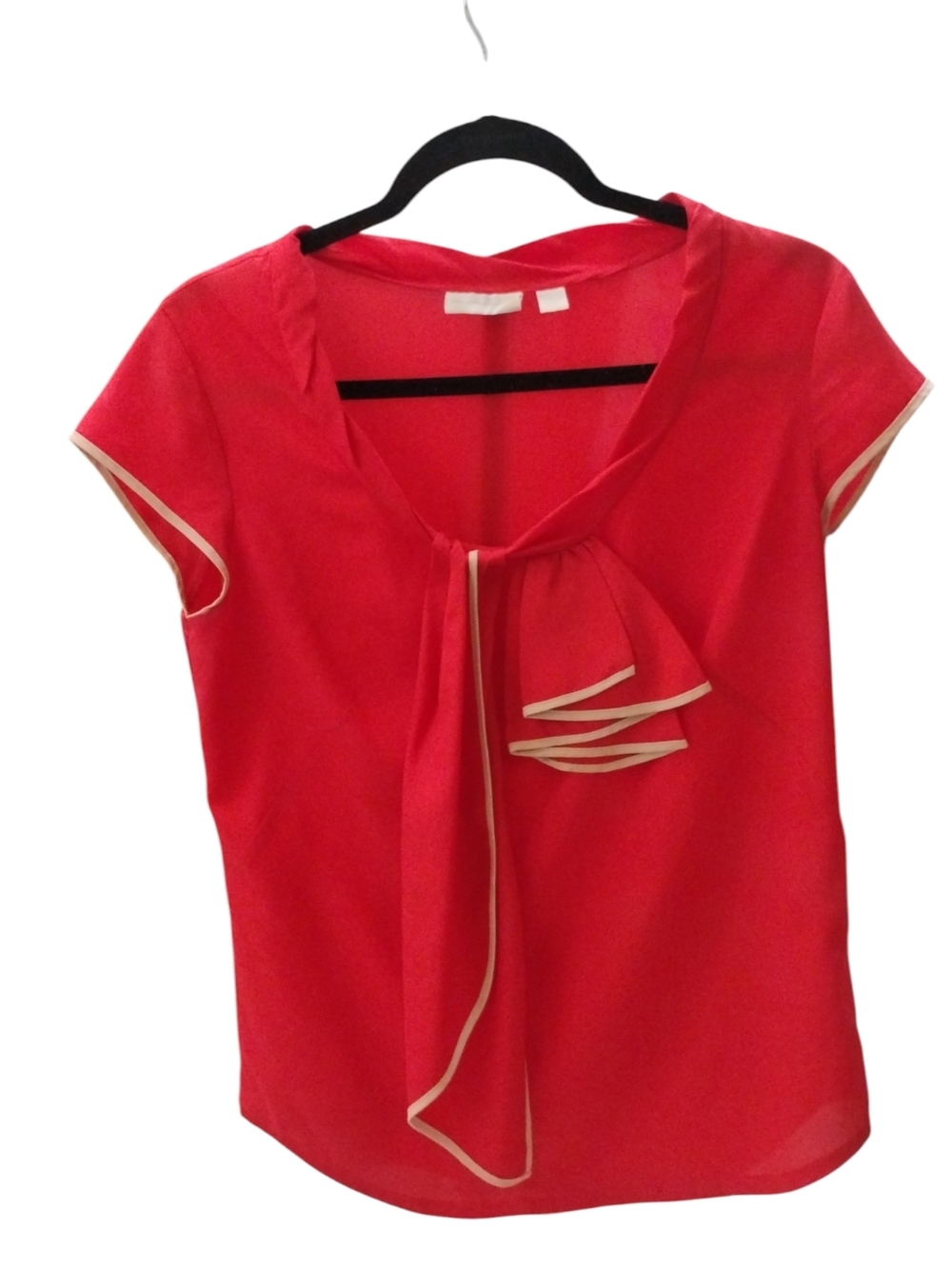 New York & Company Red Short-Sleeve Tie-Front Blouse with Cream Trim  SZ S